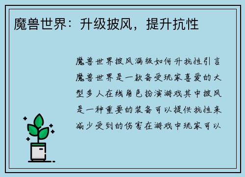 魔兽世界:升级披风,提升抗性 魔兽世界:升级披风,提升抗性